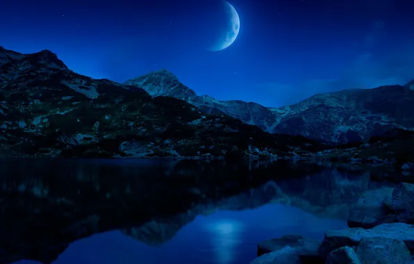 The sky, mountains, night, nature, lake, stones, the moon