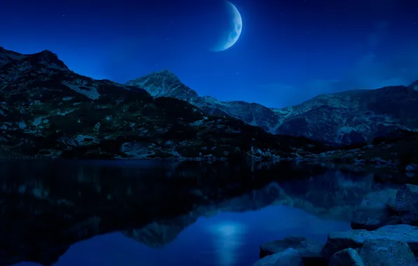 Picture the sky, mountains, night, nature, lake, stones, the moon