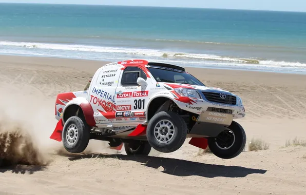 Sand, wave, the sky, water, jump, shore, toyota, the front