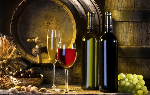 Wine, red, white, glasses, grapes, bottle, ears, kegs