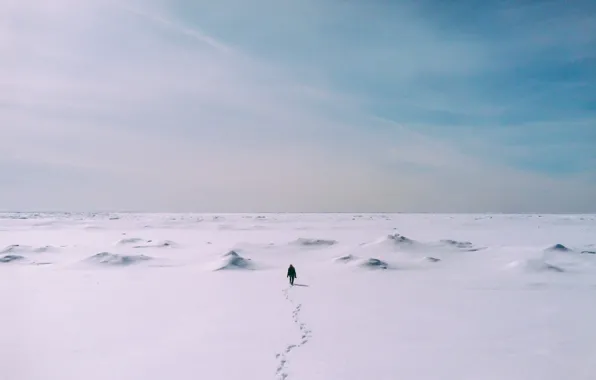 Winter, the sky, clouds, snow, people, trail, horizon, infinity
