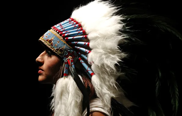 Picture girl, face, style, feathers, headdress
