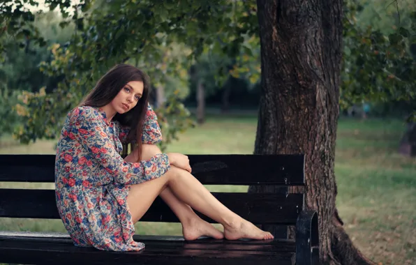Bench, Park, Girl, dress, legs, sitting, Sergey Churnosov