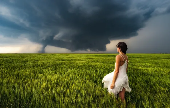 Field, girl, tornado