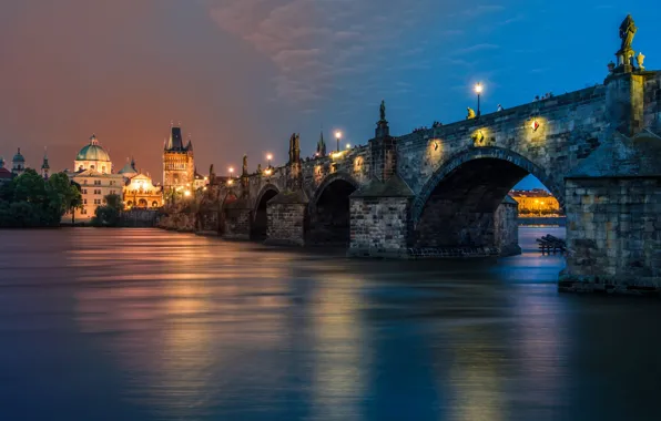 The sky, clouds, night, bridge, the city, lights, Prague, Czech Republic