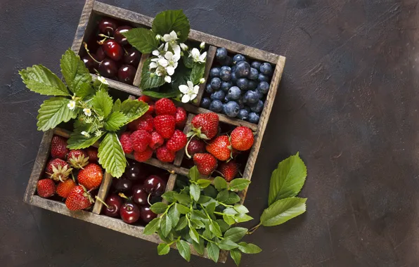 Picture flowers, berries, raspberry, blueberries