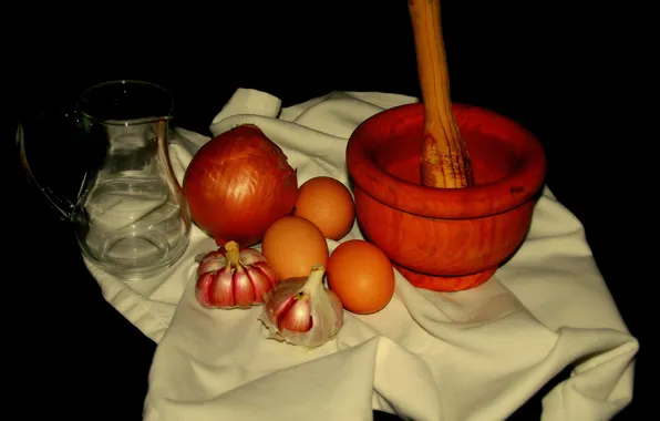 Style, eggs, bow, pitcher, still life, garlic, mortar