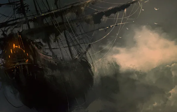 Picture sea, fog, bird, ship