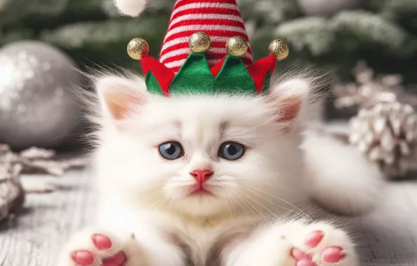 Cat, white, look, pose, kitty, legs, Christmas, cute