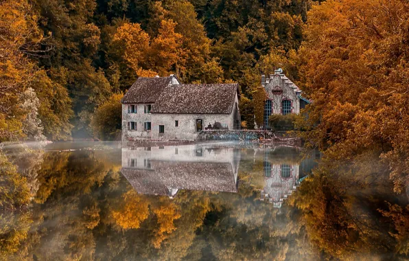 Picture autumn, forest, trees, reflection, river, France, building, France