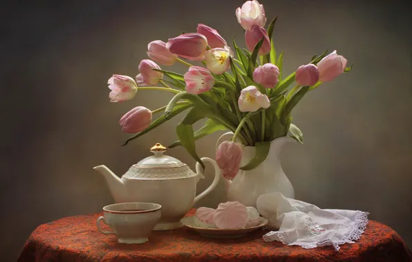 Picture tea, bouquet, kettle, tulips, still life, marshmallows