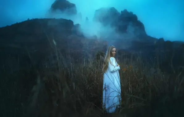 Picture grass, girl, rocks, TJ Drysdale, Winter Day Declining