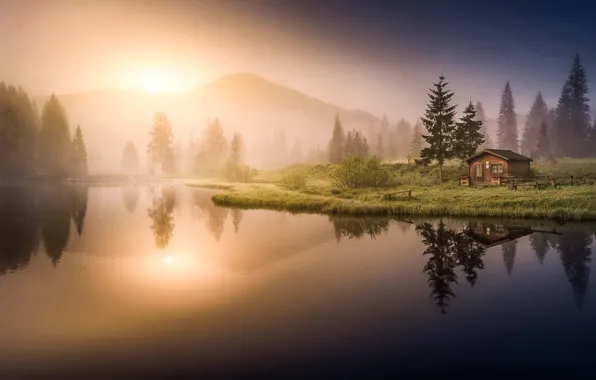 Picture fog, lake, house, morning