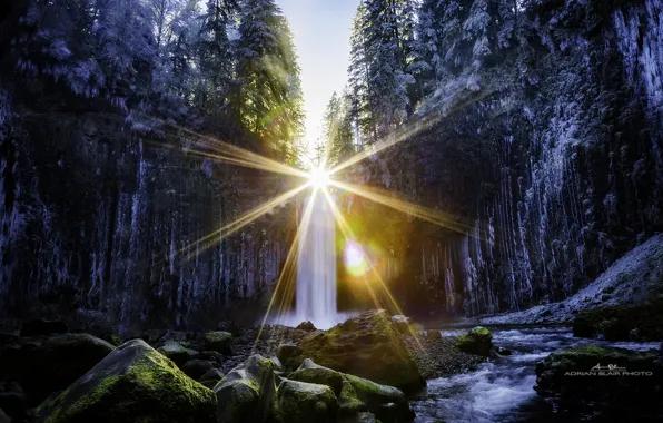 Winter, sunset, Waterfall, Oregon, USA