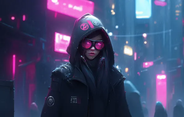 Picture pink, winter, cyberpunk, women, goggles, looking at viewer, hoods, parted lips