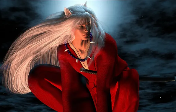 Katana, necklace, the demon, ears, Japanese clothing, 3D Art, Inuyasha, long white hair