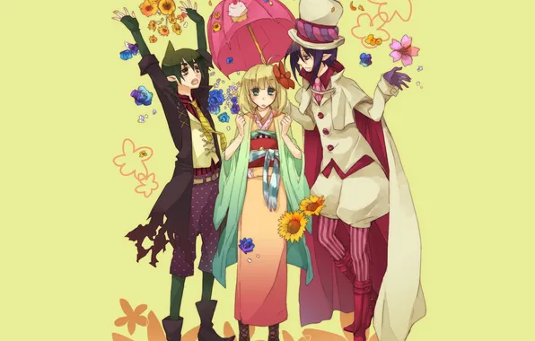 Flowers, umbrella, kimono, three, ao no exorcist, blue exorcist