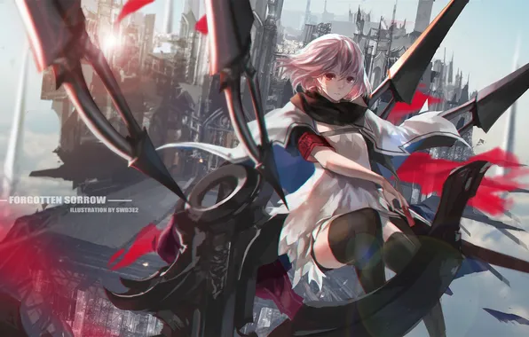 Picture look, girl, flight, weapons, gesture, art, paradise, pixiv fantasia