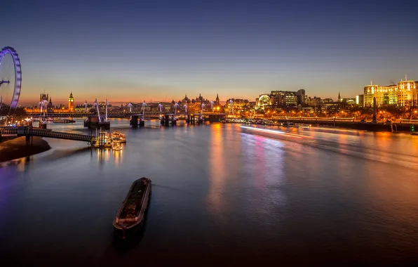 Night, the city, lights, river, London, the evening, Ferris wheel