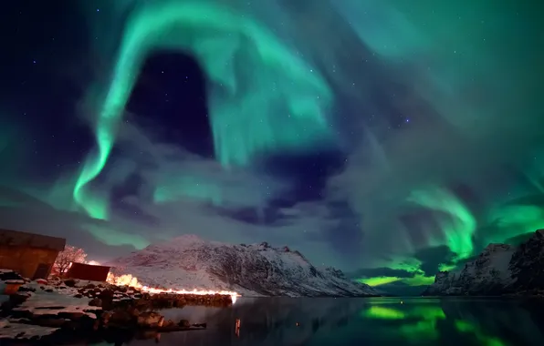 Winter, the sky, Islands, stars, light, snow, Northern lights, Norway