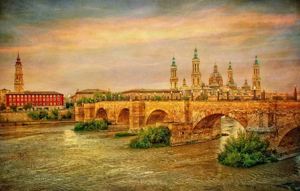 The sky, Spain, canvas, Zaragoza, Basílica de Nuestra Señora del Pilar, the river Ebro