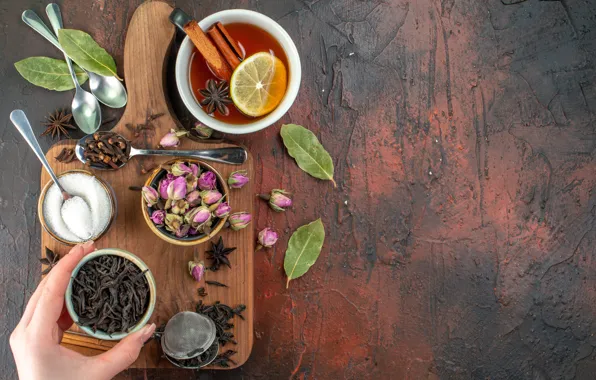 Leaves, flowers, table, lemon, tea, hand, dry, the tea party
