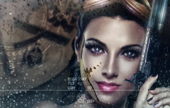 Girl, drops, face, weapons, rain, robot, steam punk