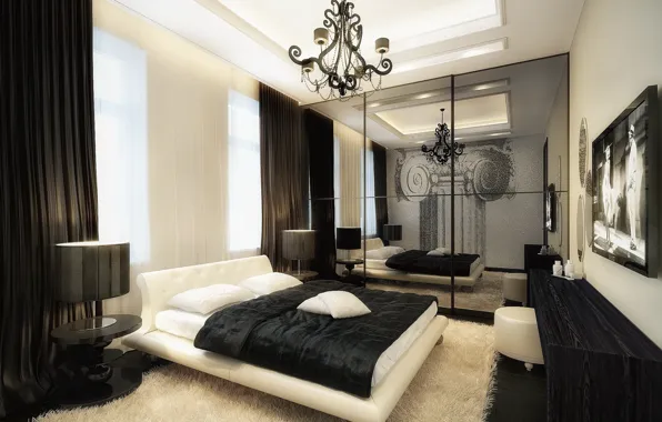 Lamp, bed, TV, chandelier, bed, Mat, bedroom, interior