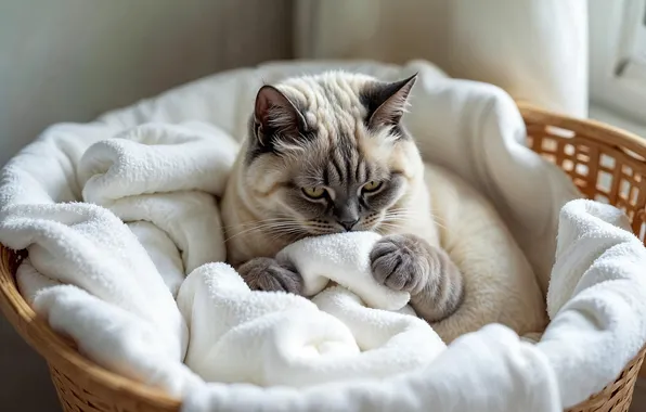 Cat, cat, look, pose, plaid, face, basket, Siamese