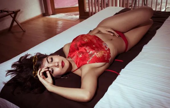 Pose, model, panties, makeup, figure, glasses, hairstyle, bed