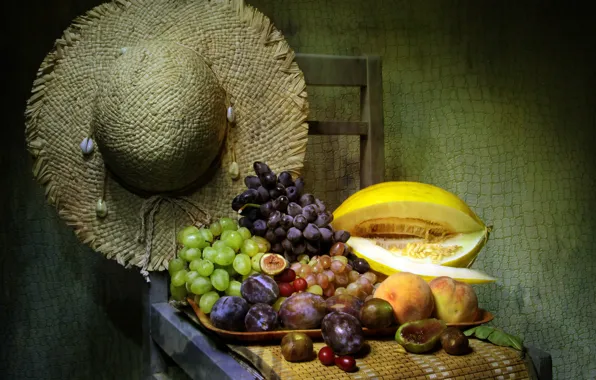 Hat, chair, grapes, fruit, still life, peaches, tray, melon