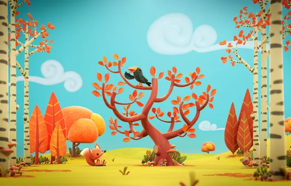 Autumn, art, Fox, children's, Autumn leaves, children's. forest, Olivier PAUTOT