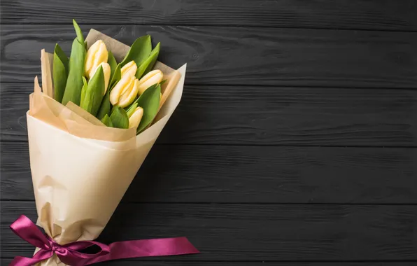 Picture flowers, bouquet, tape, tulips, yellow, wood, flowers, romantic