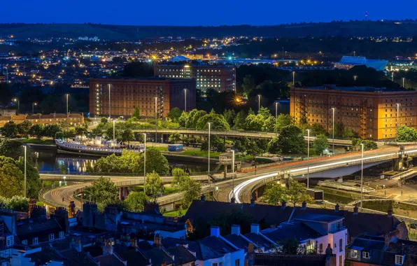 Trees, bridge, lights, river, ship, road, home, the evening
