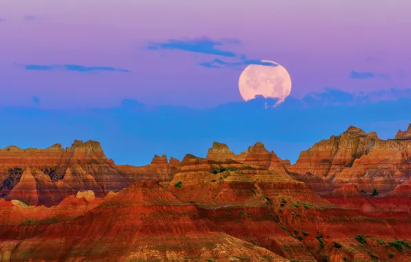 Picture summer, the sky, mountains, the moon, morning, USA, Yuni, Badlands national Park