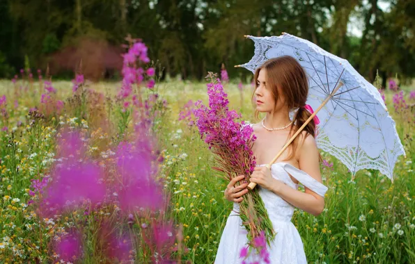 Field, summer, grass, girl, flowers, nature, umbrella, brown hair