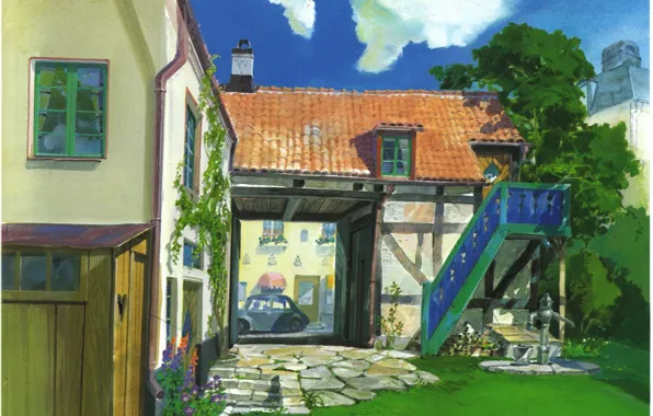 Machine, house, crane, gate, sketch, yard, ladder, ivy
