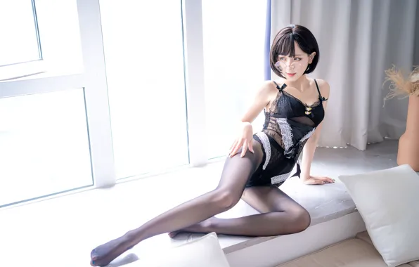 Light, pose, brunette, window, glasses, light, Asian, window