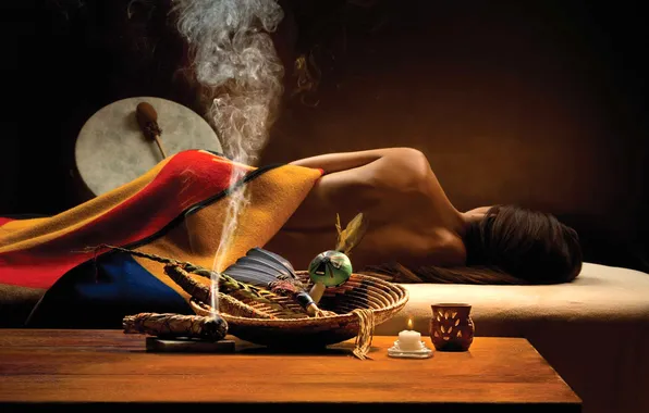 Girl, smoke, back, candle, the Indians, shaman, tambourine