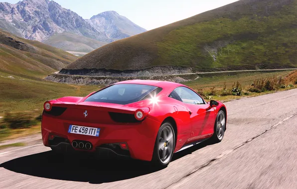 Red, Auto, Road, Mountains, Day, Ferrari, 458, Italia