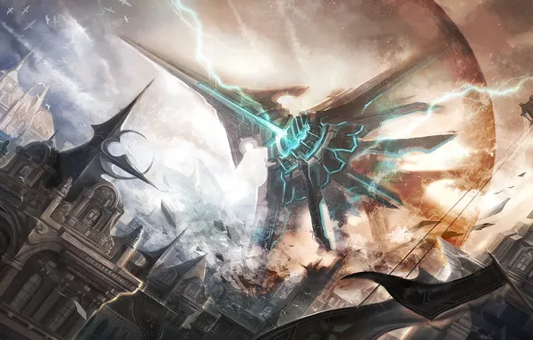 The city, bird, lightning, ship