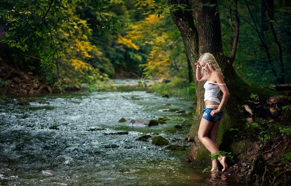 Girl, Nature, Legs, Water, Mountain, Beauty, River, Forest