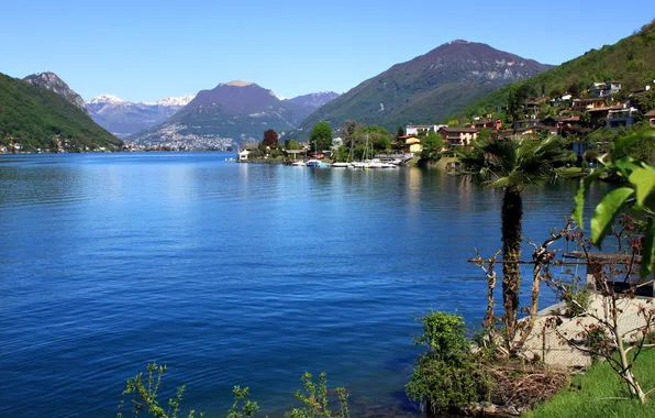 Mountains, lake, shore, home, Switzerland, Luganer See, Brusino Arsizio