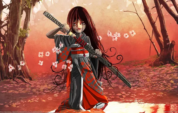 Picture sword, Sakura, samurai, girl, Steve Sampson