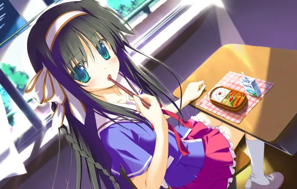 Class, schoolgirl, long hair, window, bezel, visual novel, Bento, at the table
