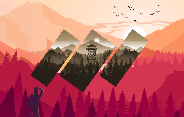 Mountains, The game, People, Forest, Birds, Silhouette, Hills, Art