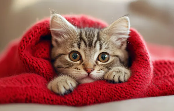 Cat, look, red, kitty, grey, portrait, legs, scarf