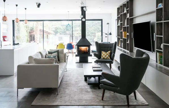 Design, style, interior, kitchen, fireplace, comfort, living room, dining room