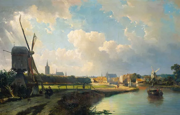 Landscape, oil, picture, windmill, Caspar Carsen, The view of the Hague from Delft