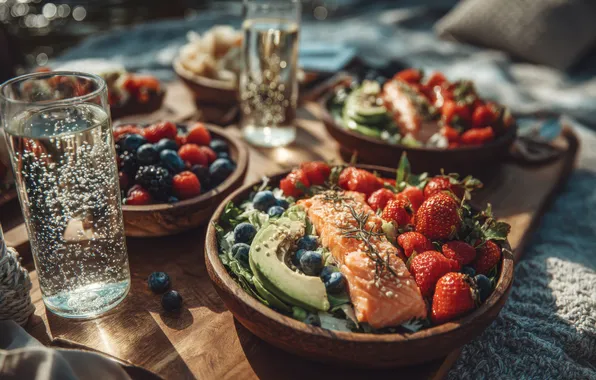 Water, light, berries, raspberry, table, food, fish, blueberries